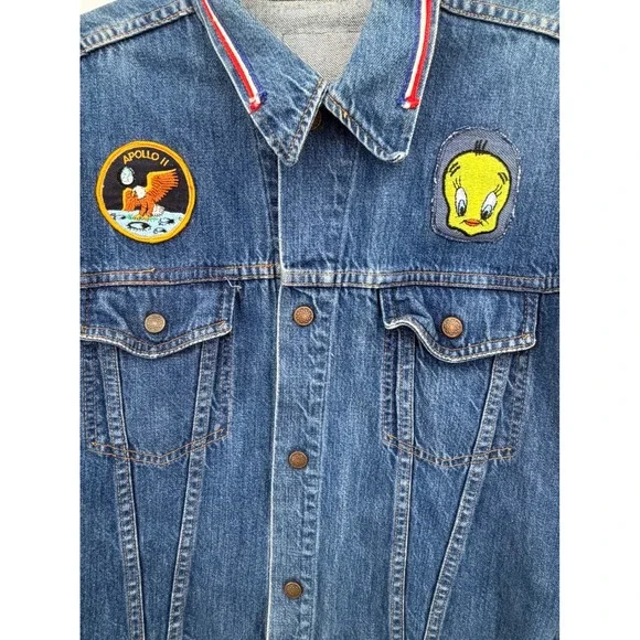 Vintage Denim Trucker Jacket Custom Mens Medium Patchwork One of a Kind - Picture 2 of 11